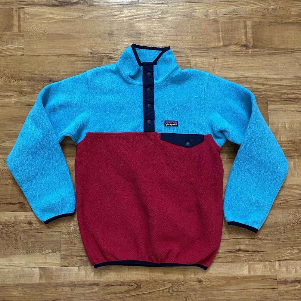 Patagonia Girl’s 10 M Synchilla Pullover T-Snap Fleece Blue Red Outdoor Hike Ski